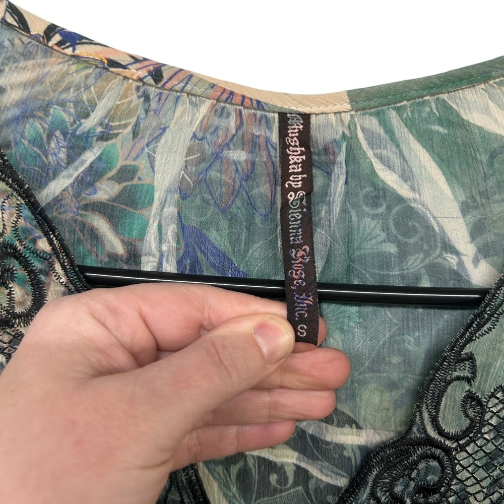 Fairy Sheer Embroidered Lace Floral Top S‎ Green Flowy Chiffon Romantic Boho - Picture 5 of 7